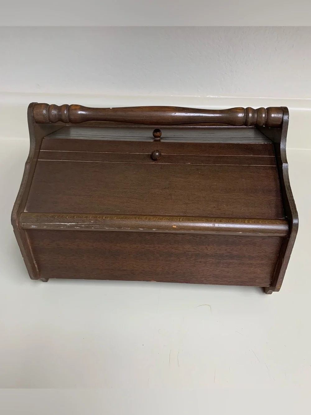 Vintage Wooden Sewing Box with Handle - Dark Brown
